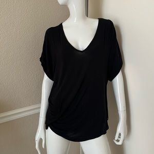 SUPERSTAR NEW! Black Viscose Knit Slouchy V-Neck Ruched Hem T-Shirt Sz S